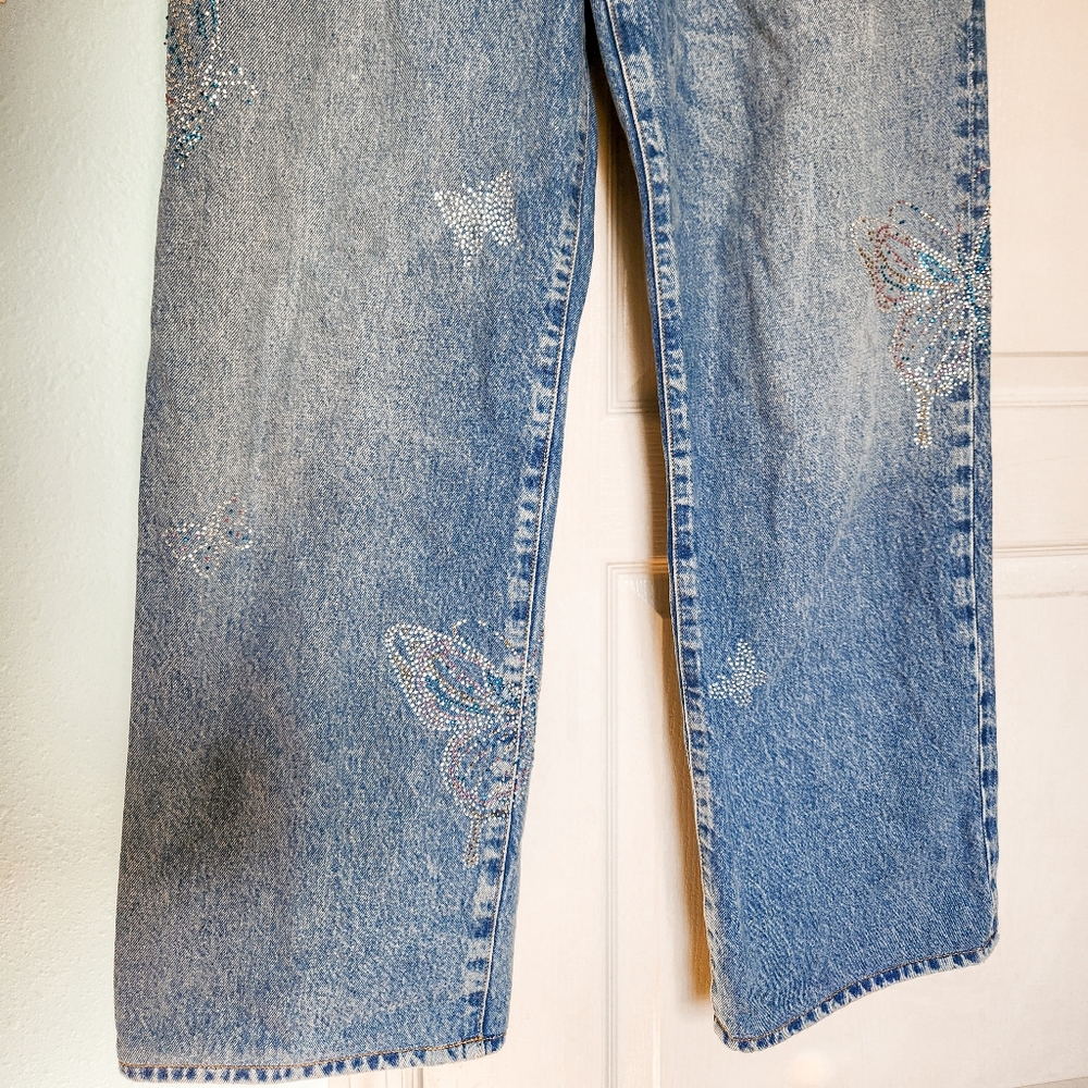 AGOLDE Light Wash Fusion Mid-Rise Relaxed Jeans Rhinestone Butterflies Y2K Sz 27 - Picture 3 of 7